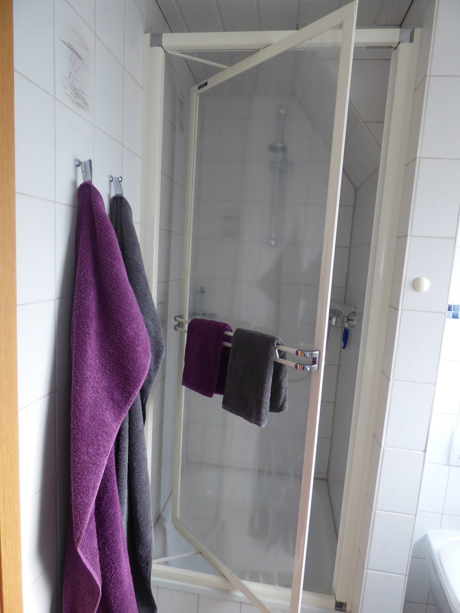 Dusche mit Glastür und Handtuch