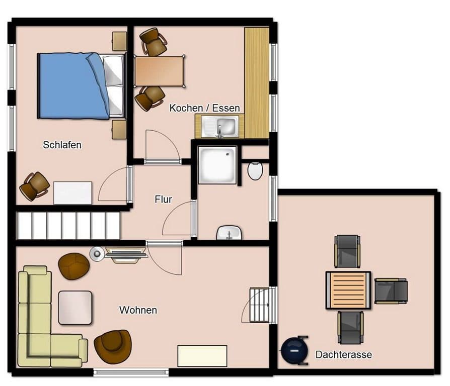 Grundriss der Wohnung: Schlafzimmer, Küche mit Essplatz, Bad, Flur, Wohnbereich und Dachterrasse