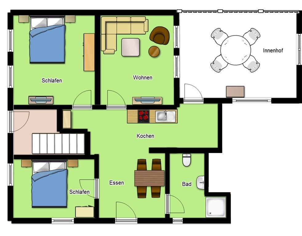 Grundriss der Wohnung: zwei Schlafzimmer, Wohnbereich, Küche, Essplatz, Bad und Innenhof