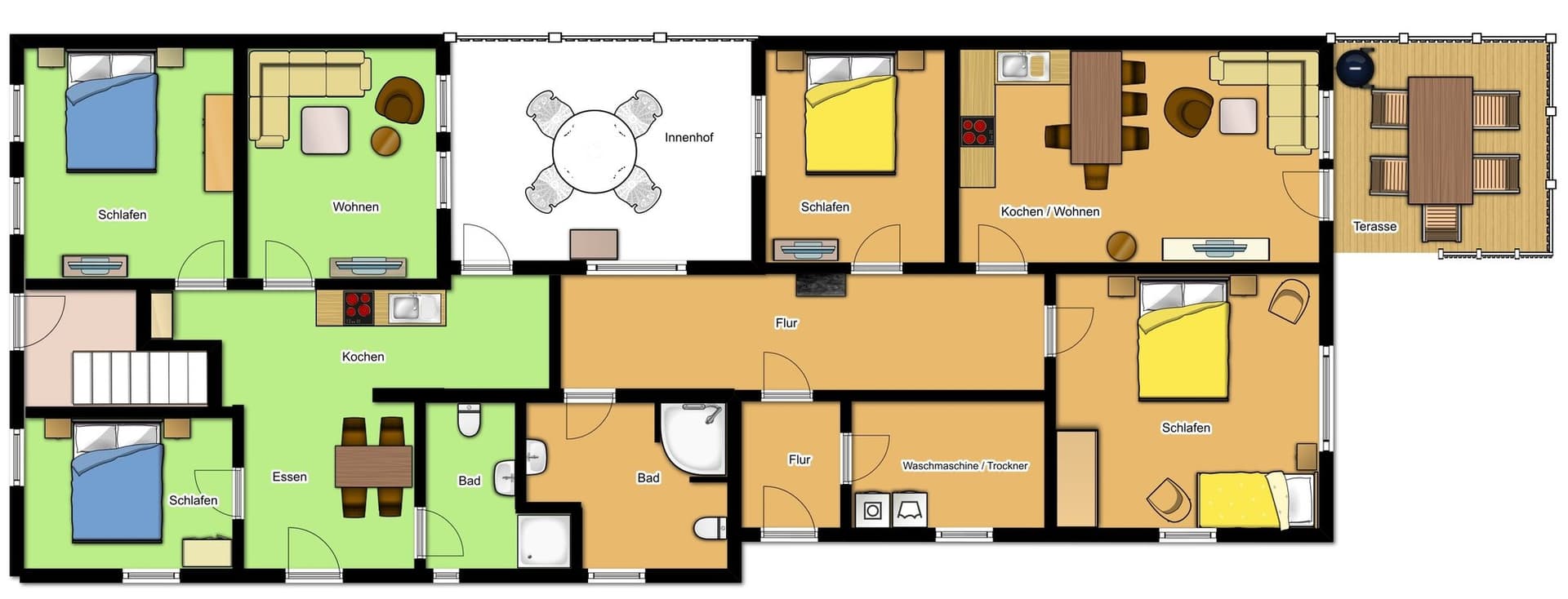 Grundriss des Erdgeschosses, die Wohnung farbig abgesetzt: Schlafzimmer, Kochen und Wohnen, Bad, Flur und Terrasse