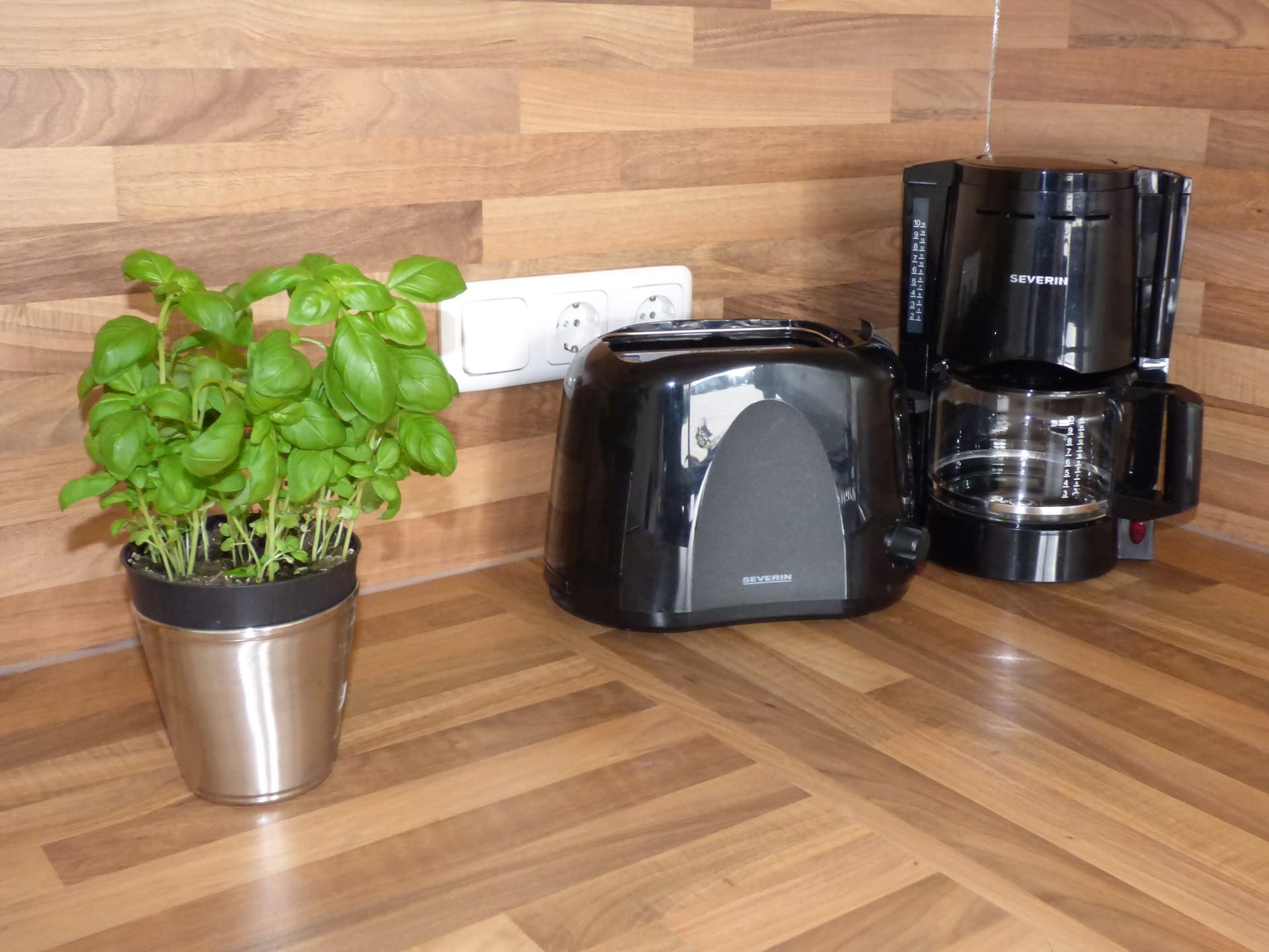 Basilikum, Toaster und Kaffeemaschine auf der Arbeitsplatte